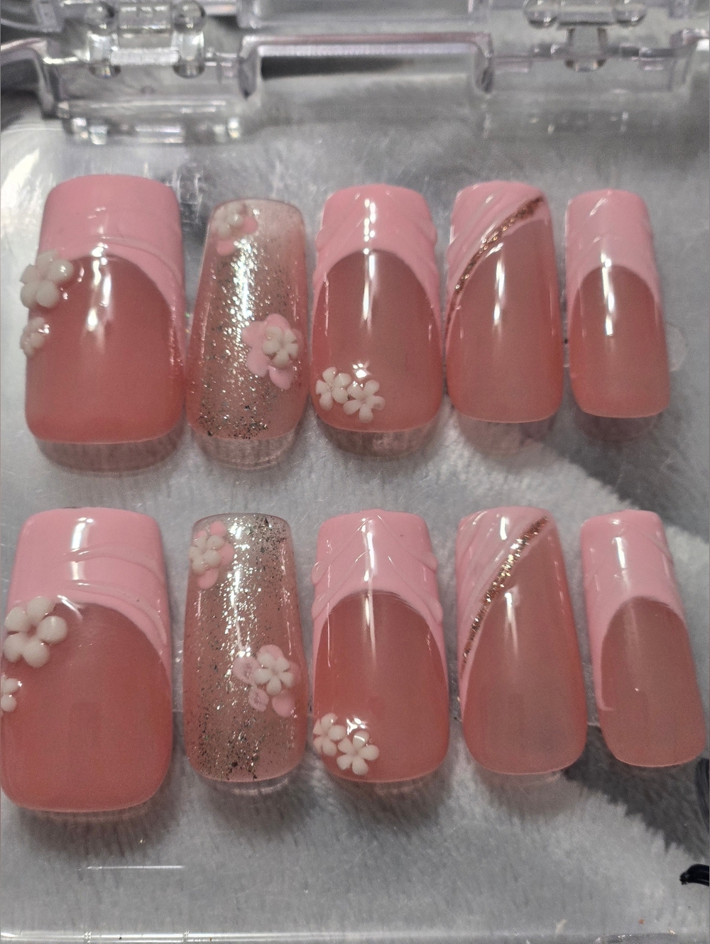Pink Floral French Tip Press-On Nail Set,  Medium Length Square Shape